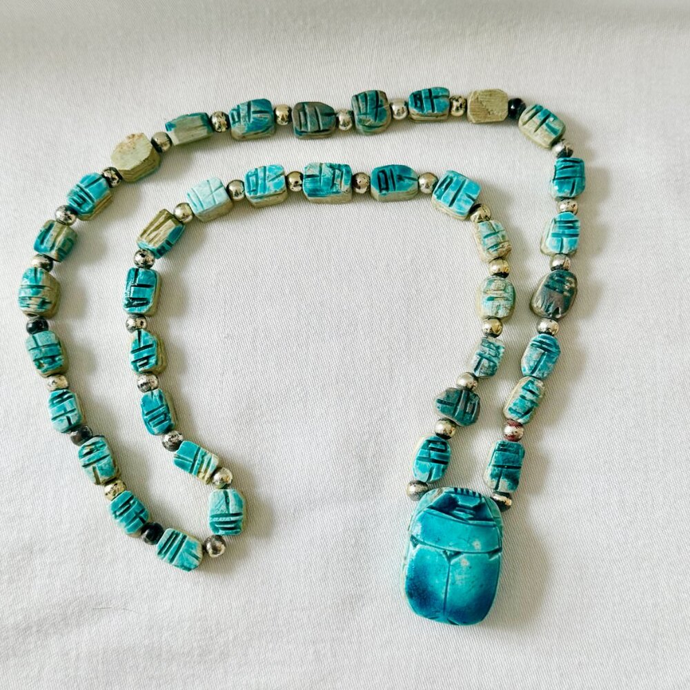 Vintage Egyptian Revival Turquoise Faience Scarab Statement Necklace Description - Picture 4 of 5
